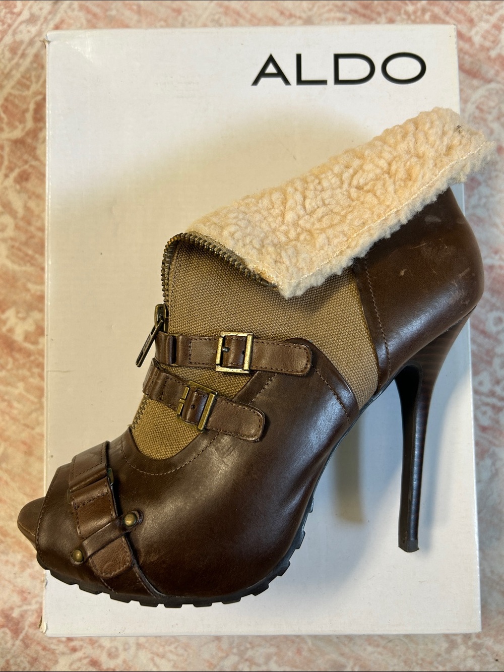 EUC ALDO Brown Leather Shearling-Trim Peep-Toe Stiletto Bootie